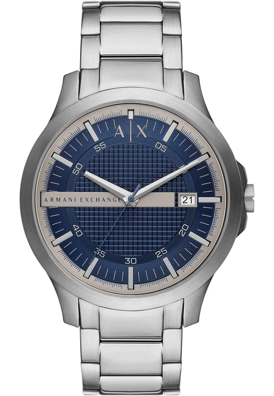 Armani Exchange Watch for Men, Quartz Three Hand Date Movement and 46mm Case Size with Stainless Steel Strap, Light Grey and Blue