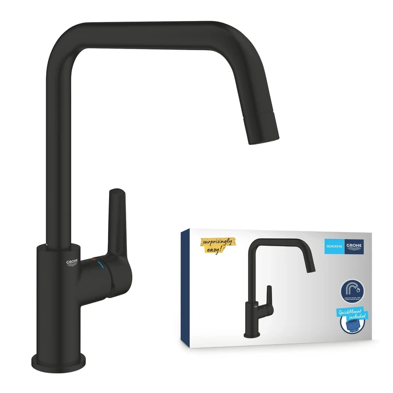 GROHE Start QuickFix – 1 Lever Kitchen Sink Mixer Tap (High U-spout, 150° Swivel Area, 28 mm Ceramic Cartridge, Tails 3/8 Inch, 1 Hole Installation with QuickMount), Size 310 mm, Matt Black, 304702430