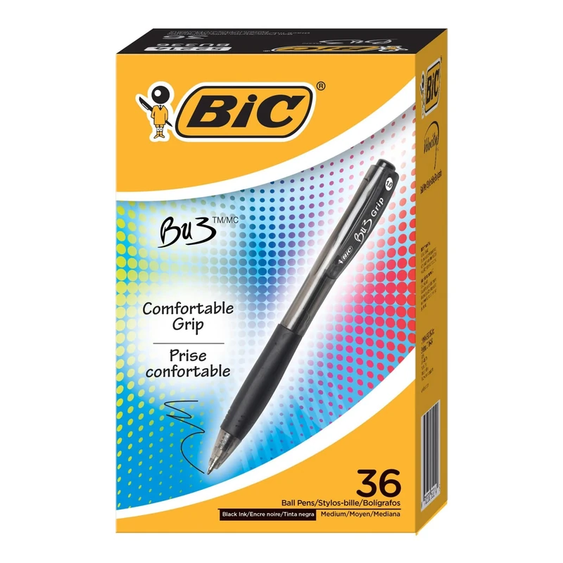 BIC® BU3 Retractable Ballpoint Pens, Box Of 36, Medium Point, 1.0 mm, Black Barrel, Black Ink