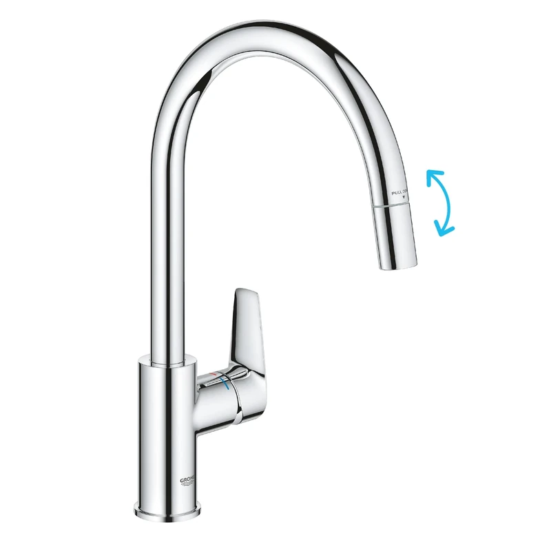 GROHE Start Edge QuickFix - 1 Lever Kitchen Sink Mixer Tap with Pull-Out Function (High C-spout, 360° Swivel Area, 28 mm Ceramic Cartridge, Tails 1/2 Inch, High Pressure), Size 357mm, Chrome, 30553000