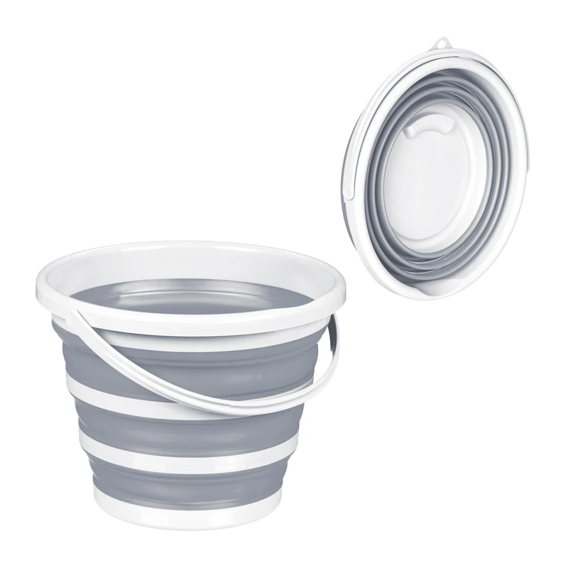 Relaxdays Collapsible Bucket, 10 Litres, Spout, Eyelet & Handle, Folding, for Home & Camping, Cleaning, Grey/White