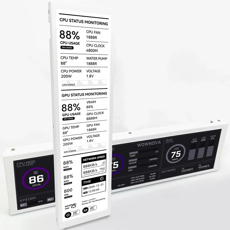 WOWNOVA 8.8" Computer Temp Monitor (Dynamic Theme Supported), 1 Click 1 Cable to Get Started Quickly PC Temperature Display Sensor Panel IPS Mini Secondary Screen CPU RAM HDD Data FPS Monitor (White) - Image 1