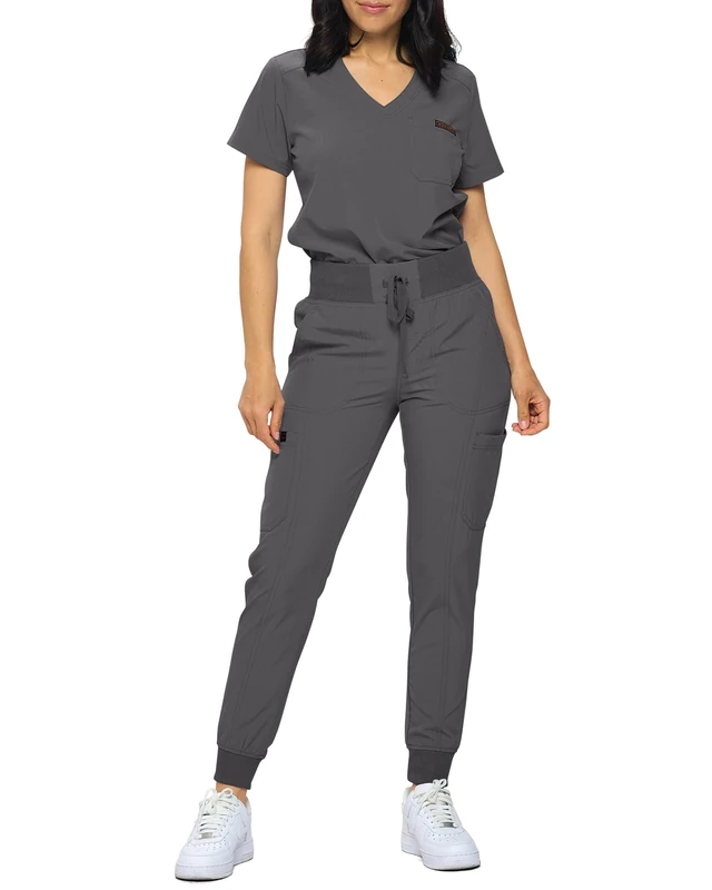 Monarch Uniforms Stretchy Scrubs Women's Jogger Scrub Set with Tuck-In Top, Charcoal, Small Petite - Image 1