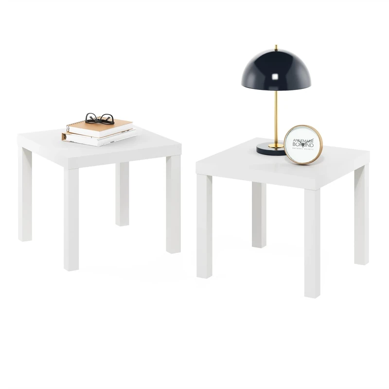 Furinno CLASSIC Side Table Set of 2, Square End Table with 1.8 Thick Tabletop, Night Stand, Bedside Table, for Living Room, Bedroom, White