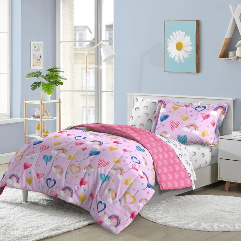 dream FACTORY Kids 5-Piece Complete Bed Set Easy-Wash Super Soft Microfiber Comforter Bedding, Twin, Lilac Balloon Hearts