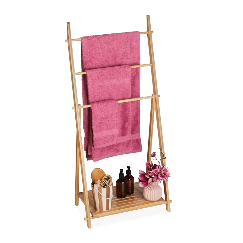 Relaxdays Bamboo Towel, 3 Bars, 1 Shelf, HWD: 110 x 53 x 31.5 cm, Free-Standing, Storage, Bathroom Rack, Natural