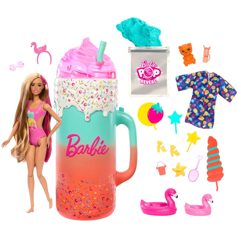 BARBIE Pop Reveal Rise & Surprise Gift Set - Over 15 Surprises, Includes 1 Barbie Doll, Beach Accessories, for Fruity Cheeky Fun, for Children from 3 Years, HRK57