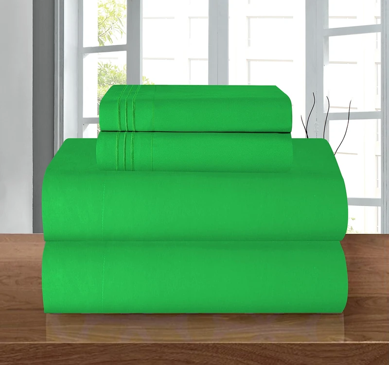 Elegant Comfort, Luxury Hotel Quality 1500 Microfibre Sheet Set - 4 Piece - Pleat with Full Elasticated Corners, Pocket up to 16" Deep Pocket, Double - Green
