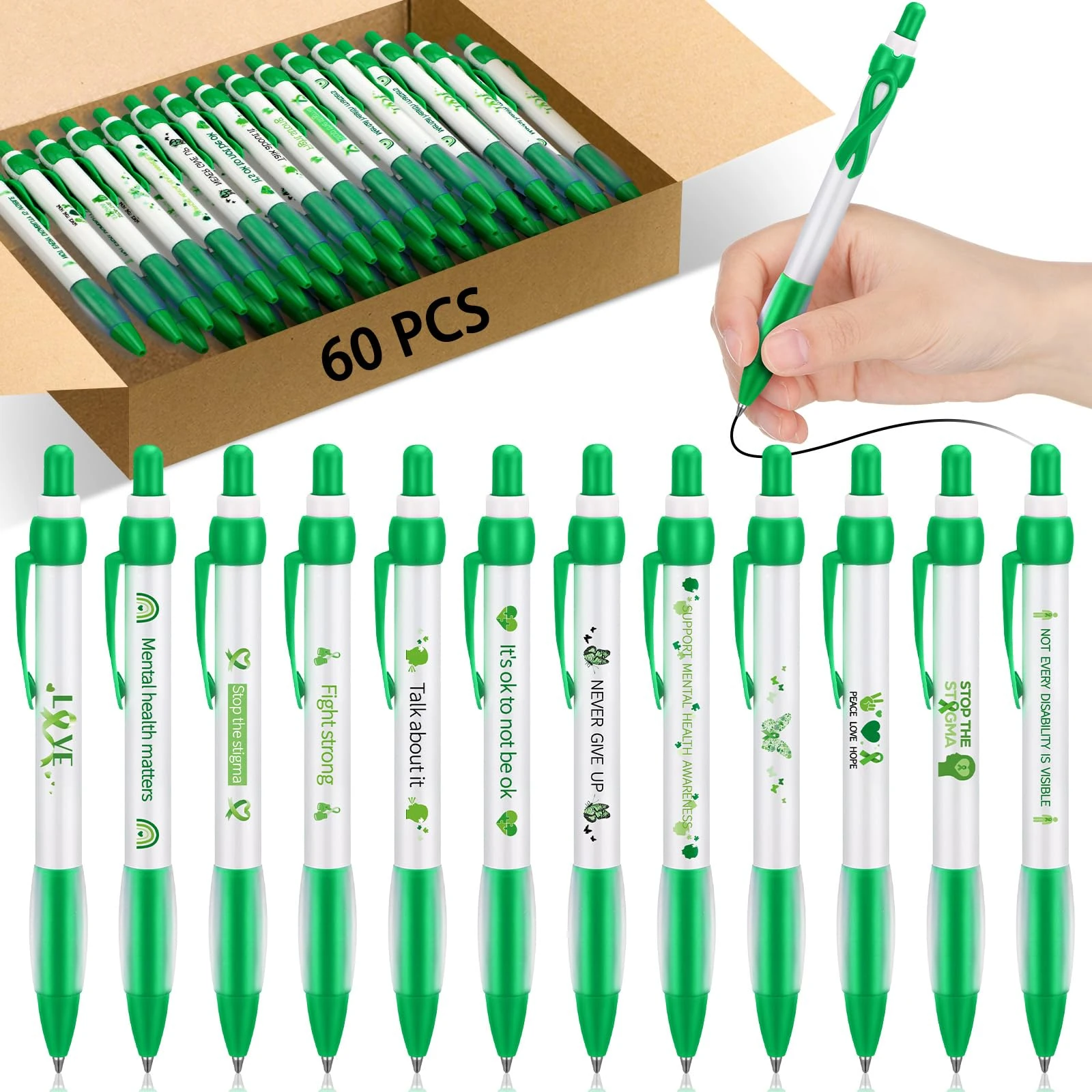 Ctosree 60 Pcs Mental Health Awareness Ribbon Pen Green Ribbon Retractable Pen Mental Health Pens Black Ink Ballpoint Pens Bulk for Charity Volunteers Activities Supplies Office Items Gifts, 12 Styles