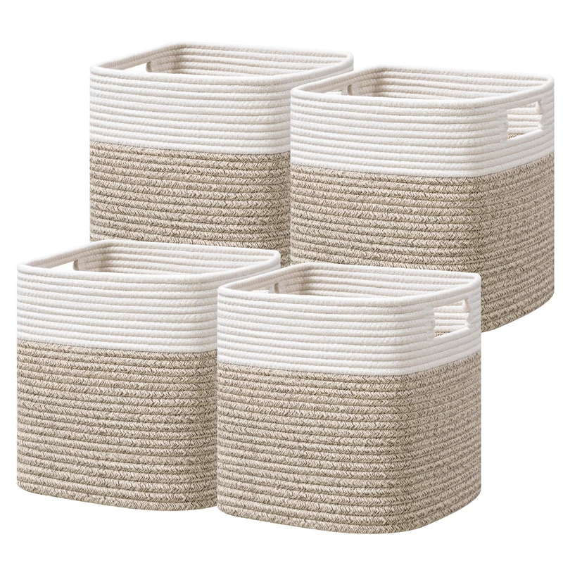 UBBCARE Set of 4 Storage Cubes-13 X 13 X 13 In, Cotton Rope Basket for Shelves, Toys, Book, Cube Storage Bin with Handles, Woven Storage Basket for Organizing, White/Brown