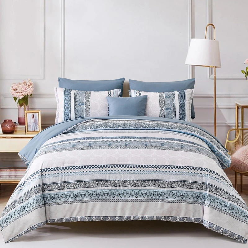 Cottolester Boho Comforter Set King Size Light Blue Comforter Set 8 Piece Bed in a Bag Striped Paisley Bedding Sets