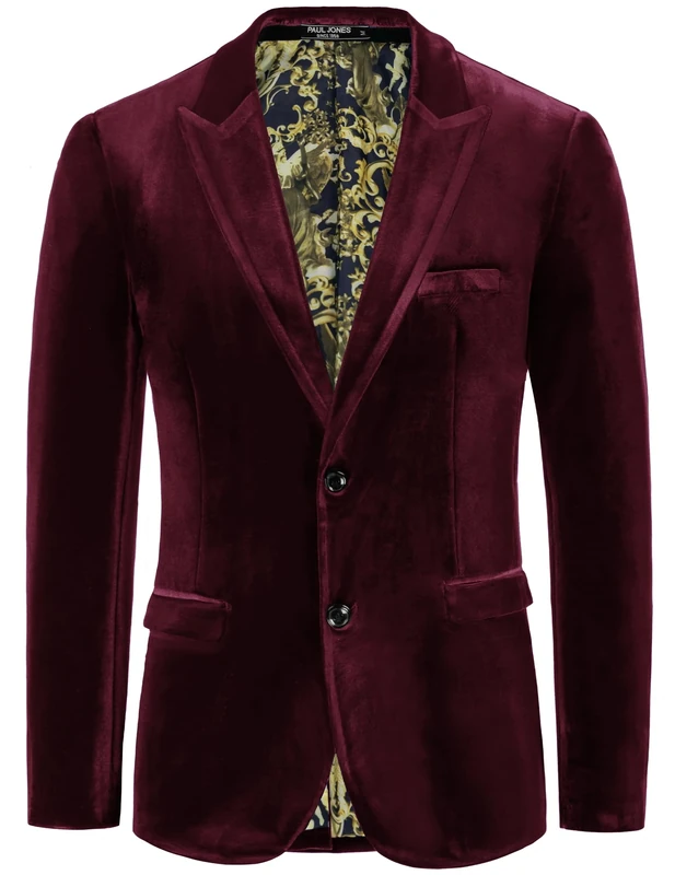 PJ PAUL JONES Mens Velvet Blazer Two Button Solid Slim Fit Blazer Sport Coat for Dinner Prom Wedding, Black Red, L