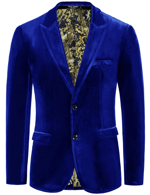 PJ Paul Jones Mens Velvet Blazer Two Button Sport Coat Solid Slim Fit Suit Jacket for Dinner Prom Wedding, Royal Blue, L