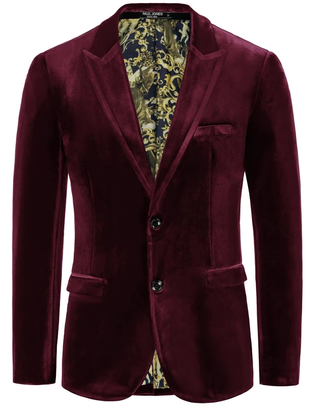 PJ PAUL JONES Mens Velvet Blazer Two Button Solid Slim Fit Blazer Sport Coat for Dinner Prom Wedding, Black Red, XL