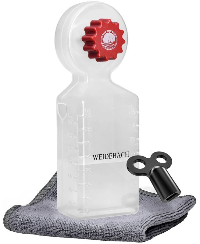 WEIDEBACH® Radiator Vent Key with Collection Container (140ml), Radiator Ventilator including Microfiber Cloth & Mini Vent Key for tight spaces, suitable for all radiators, long design