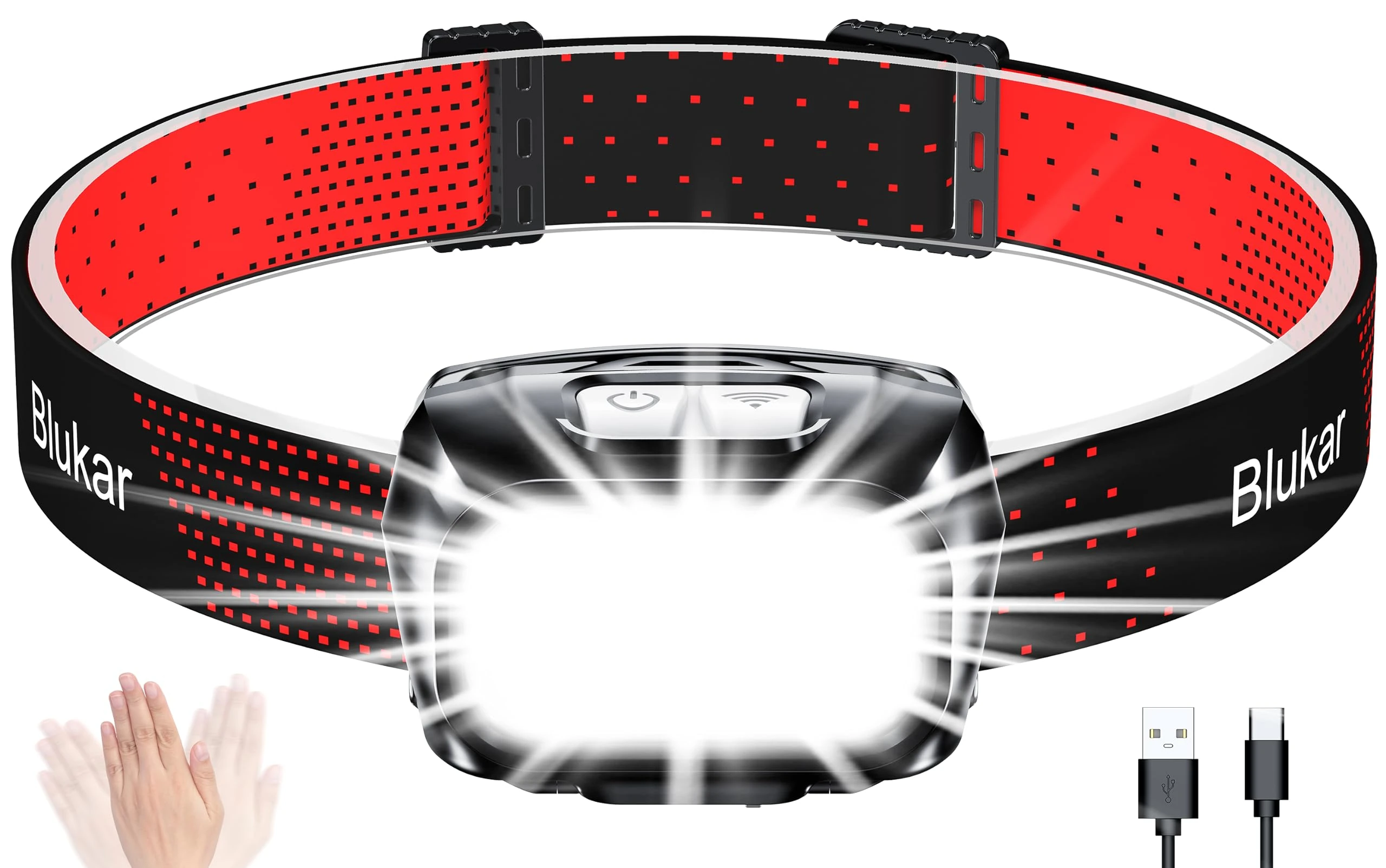 Blukar Head Torch Rechargeable, Super Bright COB Headlamp Headlight with Sensor Control & Red Lights, 8 Light Modes, Spotlight Floodlight Combination, Waterproof, Long Battery Life for Work,Emergency