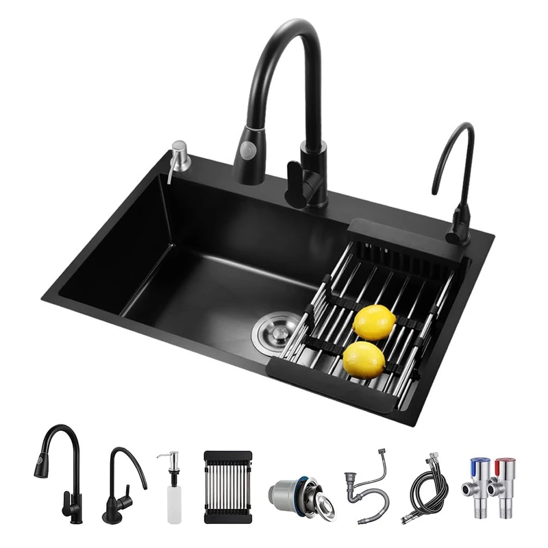 ARTLINE Black Kitchen Sink, Stainless Steel Single Bowl Sink, Drop in/Topmount Workstation Sink with Sliding Accessories, Farmhouse Workstation Sink with Multiple Accessories (29.5 x 17.7in), RXZE031