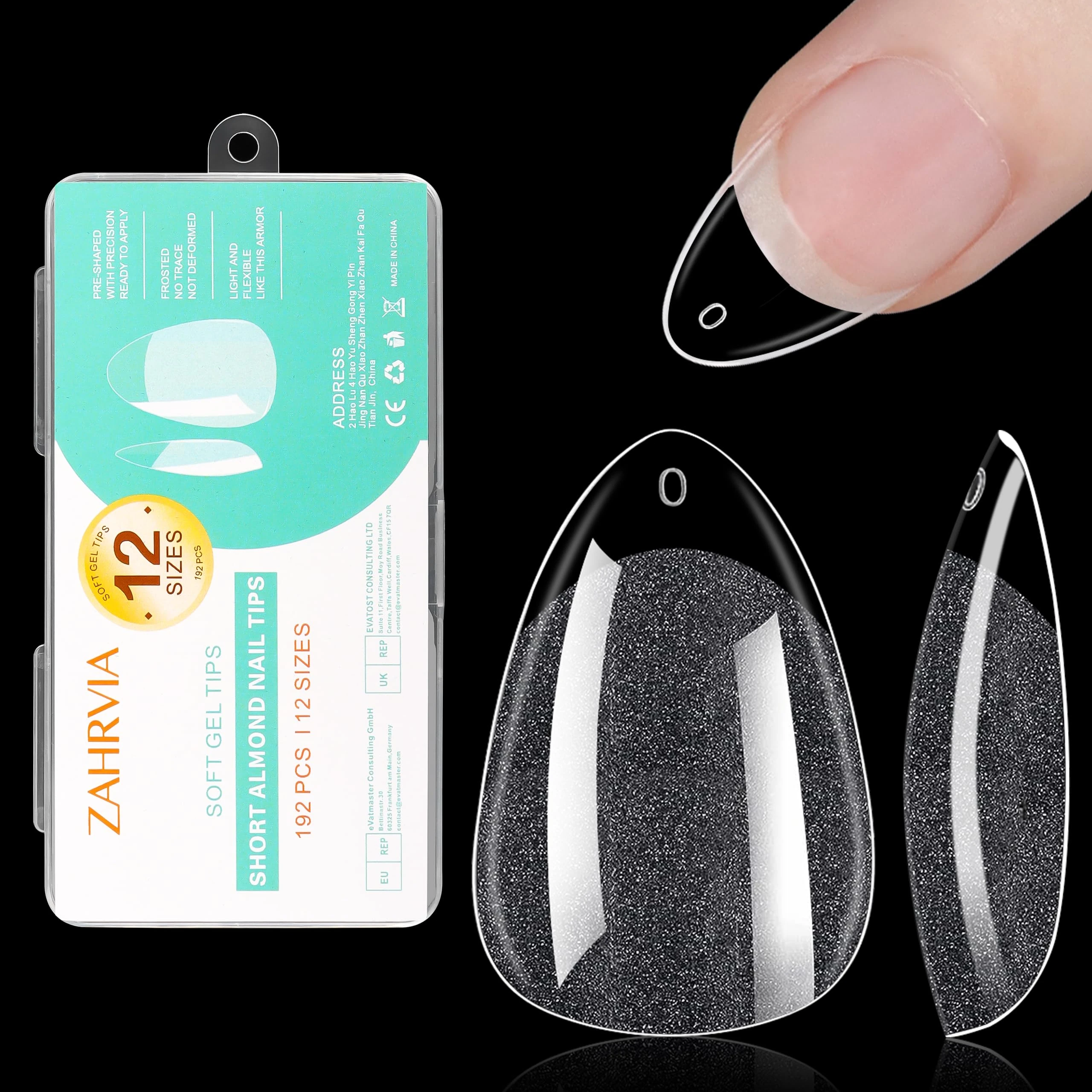 Short Almond Nail Tips - Clear Nail Tips, ZAHRVIA Soft Gel Full Cover for Soak Off Nails Extensions Kit - 192PCS False Nails Acrylic12 Sizes (Short Almond)