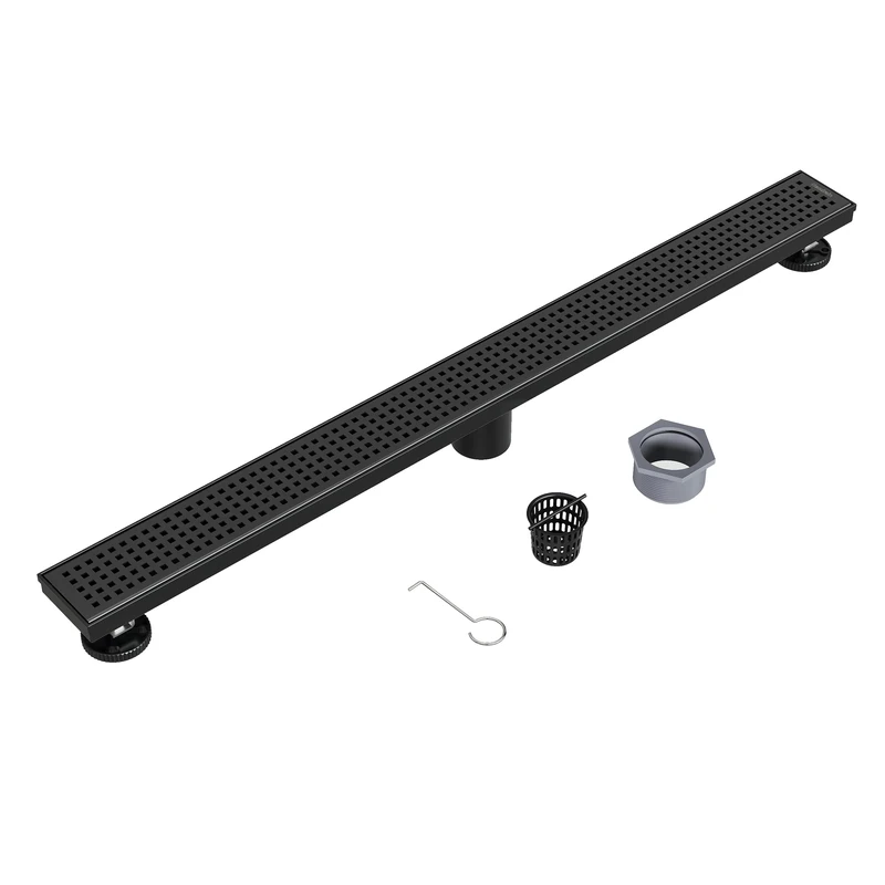 Neodrain 32-Inch Black Linear Shower Drain with Removable Quadrato Pattern Grate,Professional 304 Stainless Steel Rectangle Shower Floor Drain Manufacturer,Leveling Feet,Hair Strainer, Matte Black