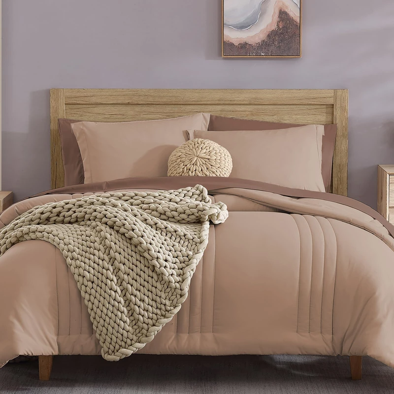 Monbix Pink Comforter Set Queen 7 Pieces, Striped Quilting Design, All Seasons Bedding Sets for Queen Bed, Plain Queen Bed Set for Women, Men, Girls, Boys (Rust Pink, Queen, 90''x90'')