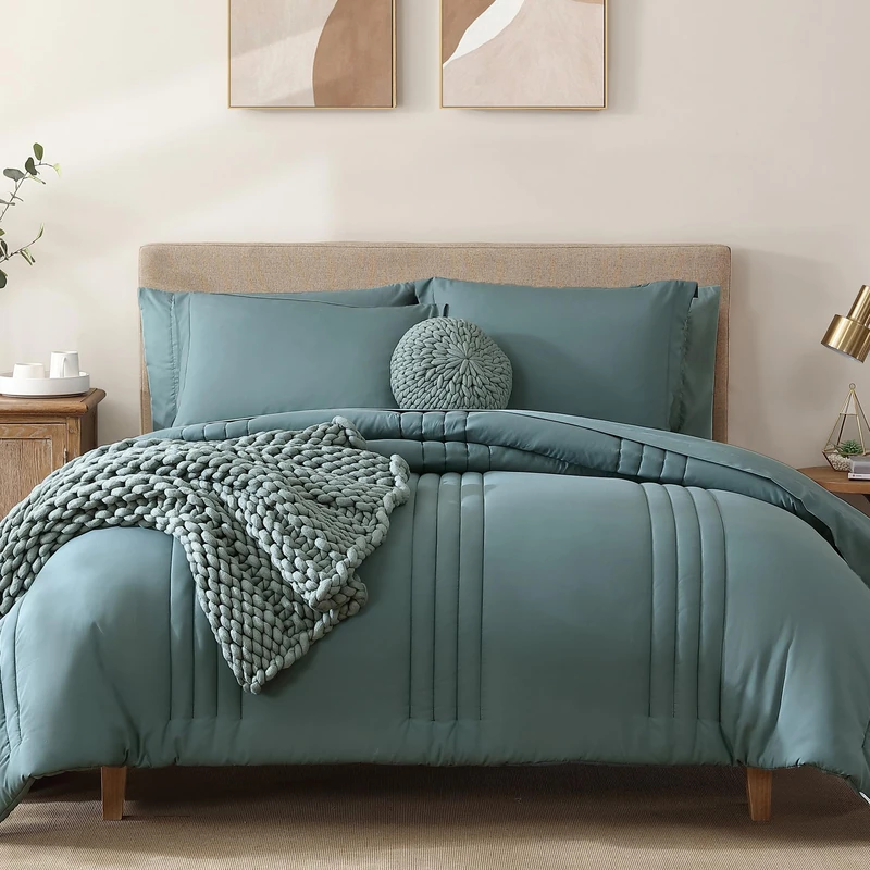 Monbix Comforter King Size, 7-Piece Bed in a Bag Bedding Sets Peacock Blue, All Seasons Lightweight & Fluffy Bed Set King - with Comforter, Sheets, Pillowcases & Shams (Dark Green, King, 102"x90")