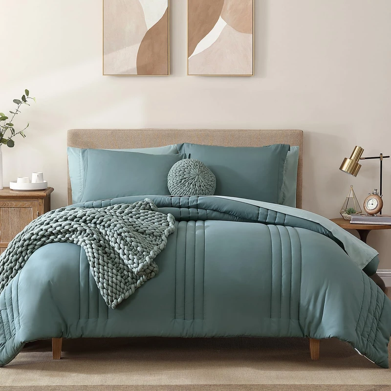 Monbix Queen Comforter Set, Plain Design Comforter Set 7 Pieces, All Seasons Fluffy Bedding Sets Queen, Lightweight, Warm & Breathable (Dark Green, Queen, 90"x90")