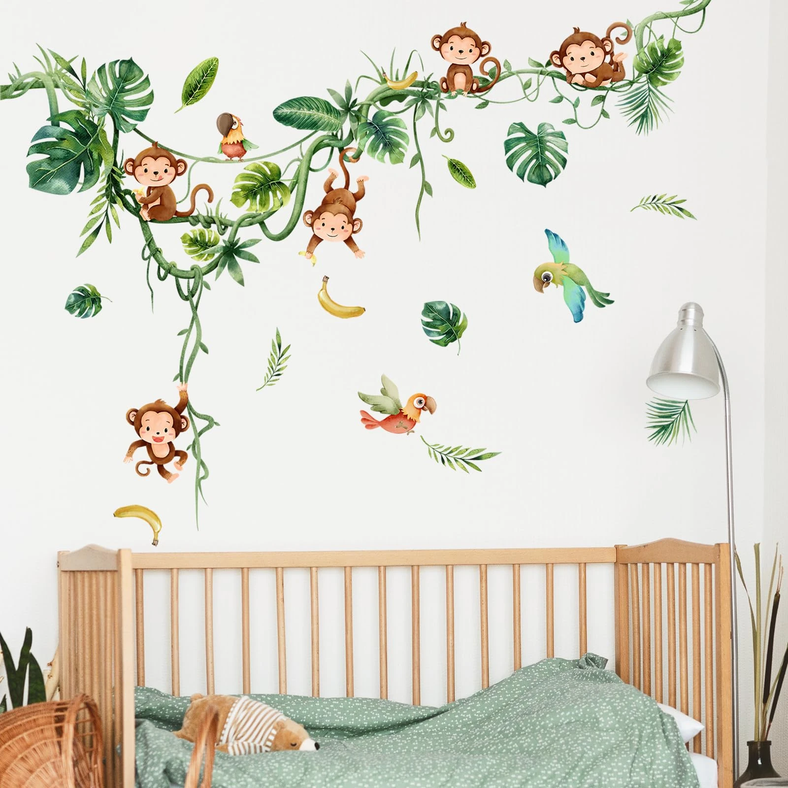 Supzone Monkey Climbing Tree Wall Stickers Jungle Animals Birds Wall Decals Hanging Vine Green Leaves Wall Art Decor for Baby Nursery Kids Room Living Room Wall Decor