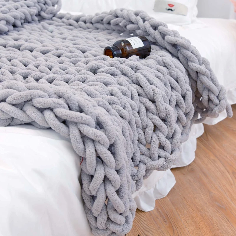 Chunky Knit Blanket Throw 40"*60", Hand Knitted Warm Chenille Throw Blanket, Home Decor Soft Thick Yarn Cable Knit Blanket, Soft Breathable Fleece Banket Christmas for Couch Bed Sofa Best Gift (Gray) - Image 1