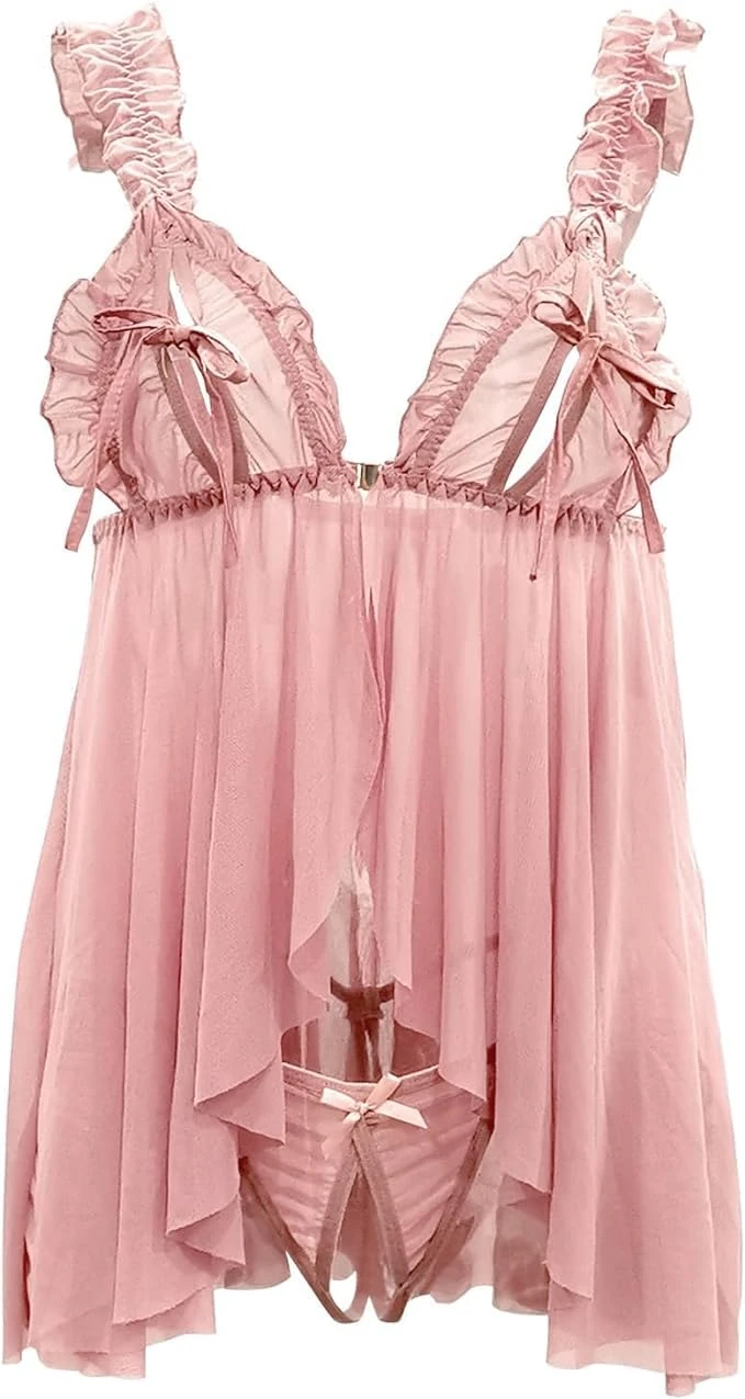 HOTSO Women Babydoll Lingerie Lace Sleepwear Nightwear Set, Women Sexy Naughty Lace Negligees Adjustable Strap Mesh Chemise Backless Translucent Nightdress Pink