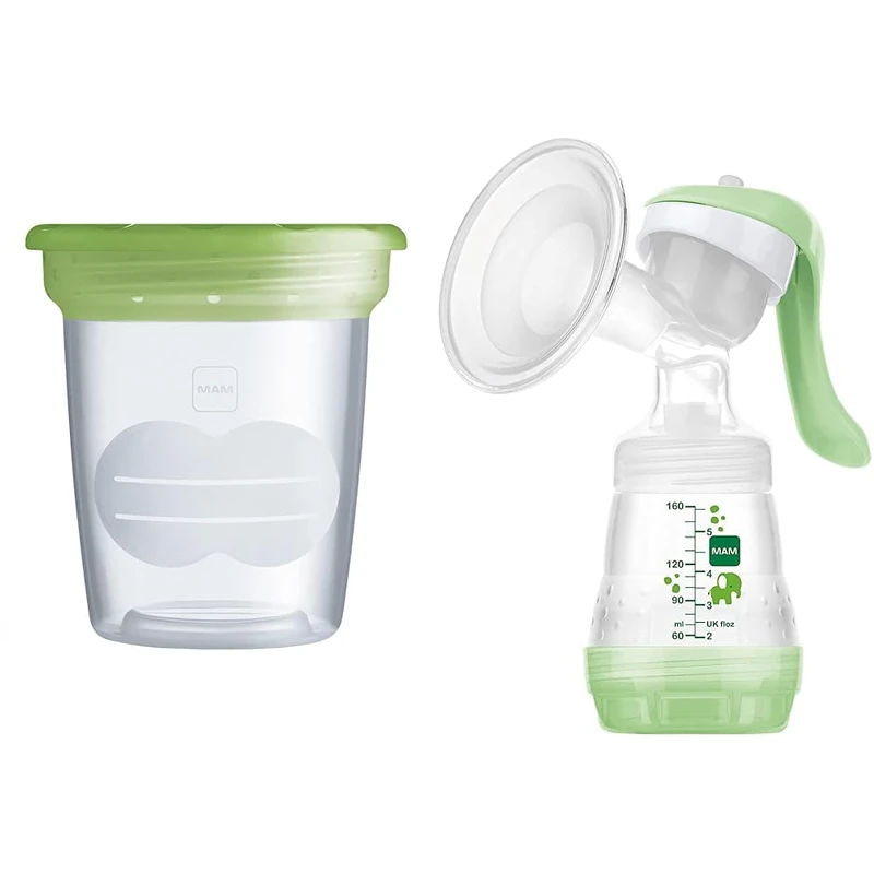 MAM Storage Pots for Baby Food Manual Breast Pump, Containers, 5 Pots + Manual Breast Pump, Soft Silicone Breast Pump with 'One Size Fits All' Funnel, Baby Feeding, Newborn Essentials