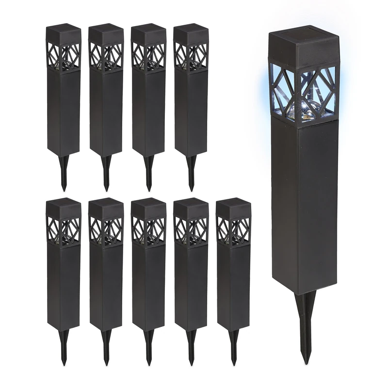 Relaxdays Solar Lights, Set of 10, Cool White, Waterproof, Dusk Sensor, LED Garden Lighting, HWD 41 x 6 x 6 cm, Black
