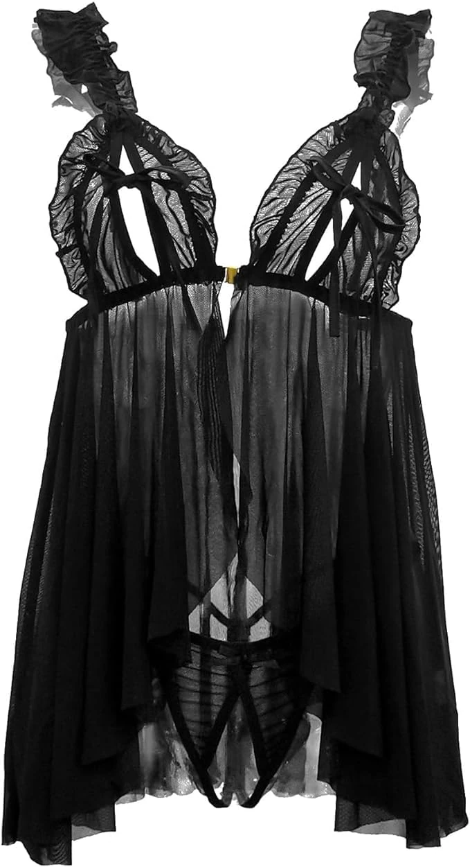 HOTSO Women Babydoll Lingerie Lace Sleepwear Nightwear Set, Women Sexy Naughty Lace Negligees Adjustable Strap Mesh Chemise Backless Translucent Nightdress Black