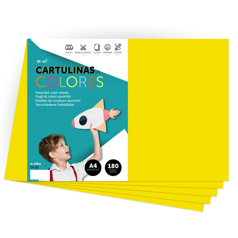 A4 Colour Card - Intense Colours 180g - for Crafts, Print Your Documents and Creative Designs - A4 Colour Sheets - m-Office (500 Sheets, Strong Yellow)