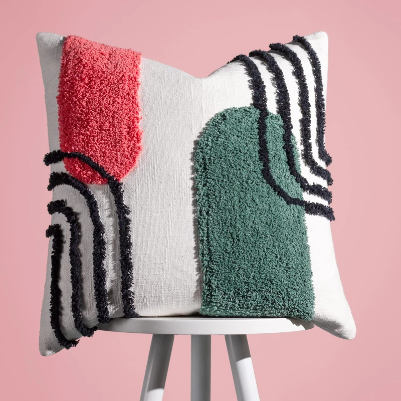 Heya Home Elmer Cotton Tufted Feather Filled Cushion - Twin Pack, Pink/Jade, 45 x 45cm