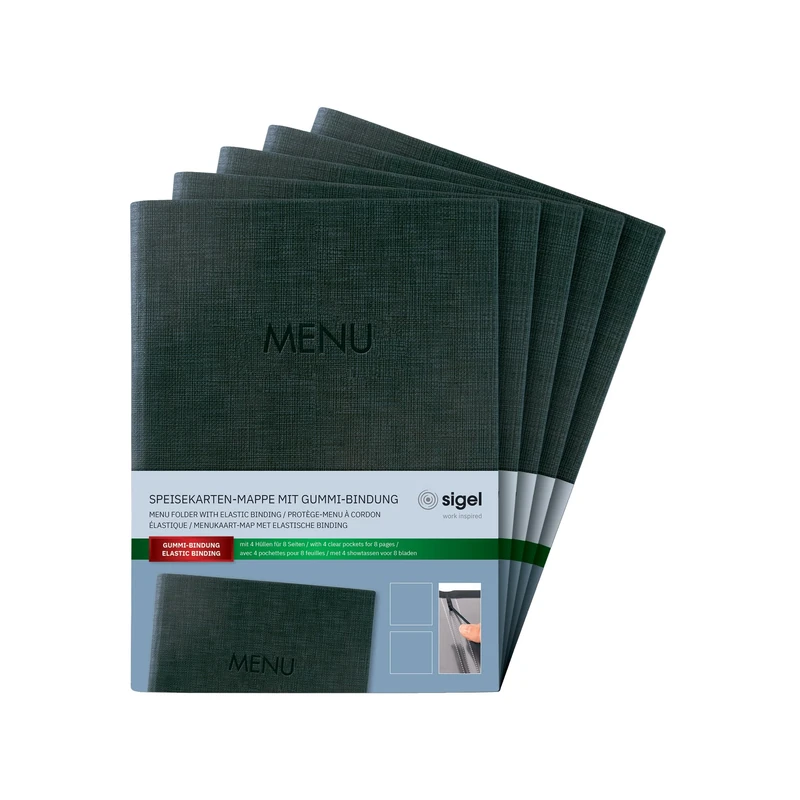 SIGEL SM207 Set of 5 Menu folders with elastic cord,with 2 Transparent Pocket for 8 DIN A5 Sheets, embossing Menu, anthracite