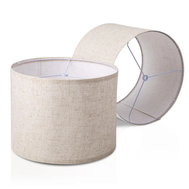 Drum Lampshade Set of 2, Lamp Shades for Table Lamps Floor Lamp, 13" Top X 13" Bottom X 10" High Beige Large Line Fabric Lamp Shades, Easy Assembly Replacement Lampshades