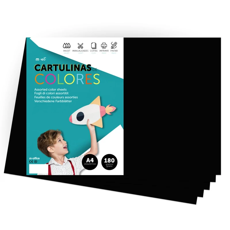 A4 Colour Card - Intense Colours - 180g Colour Sheets for Crafts, Printing Your Documents and Creative Designs - A4 Colour Sheets m-office (250 Sheets, Black)