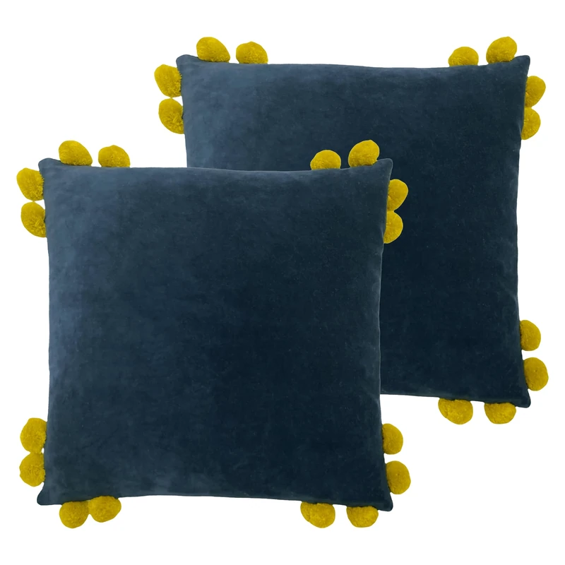 Furn. Hoola Pom-Pom Polyester Filled Cushion - Twin Pack, Navy/Olive, 45 x 45cm
