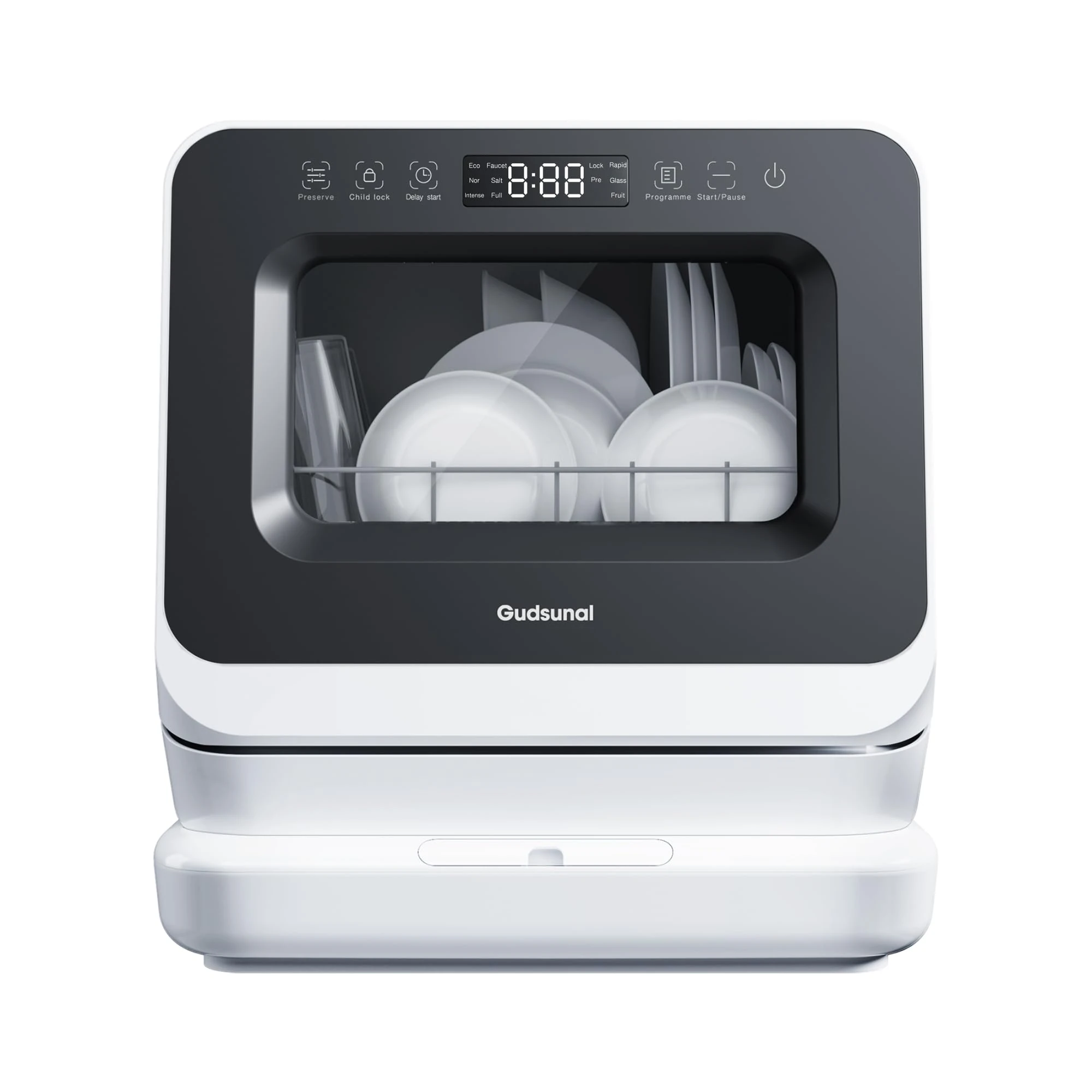 Gudsunal Countertop Dishwasher with 7L Detachable Water Tank, 6 Programs, 72°C HI-Temp Hygiene, Hybrid Drying & Preserve Function, Mini Dishwasher for RV & Apartment