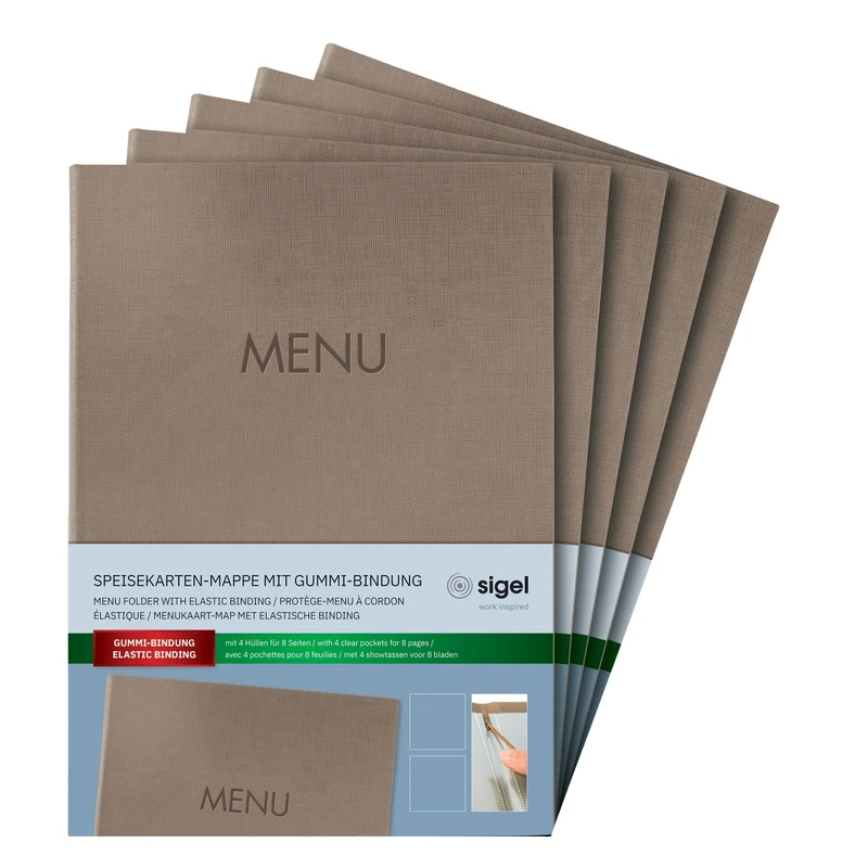 SIGEL SM210 Set of 5 Menu folders with elastic cord,with 2 transparent pocket for 8 DIN A4 sheets, Menu embossing, dark Beige