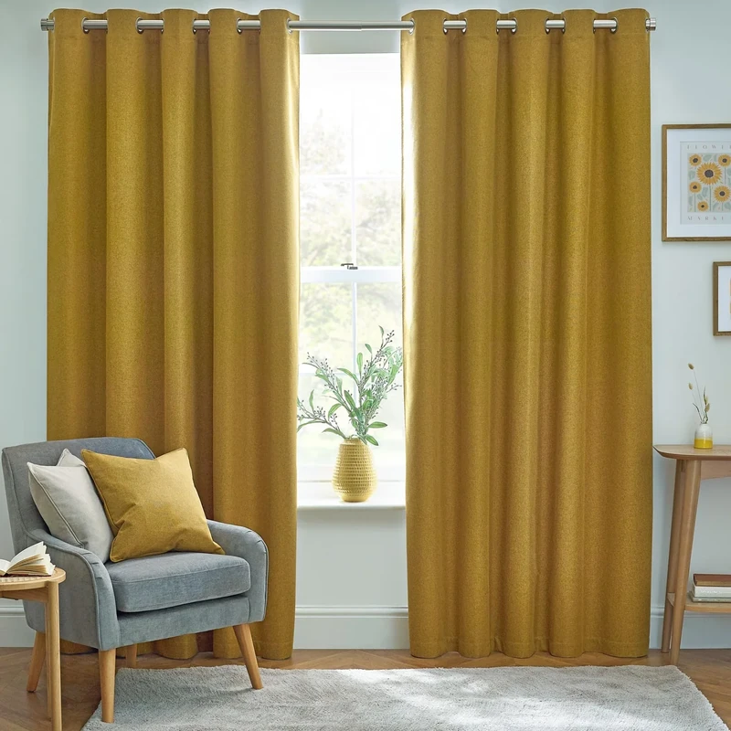 furn. Dawn Textured Blackout Eyelet Curtains – Thermal Lined Pair (Mustard - Width 168 x Drop 183cm)