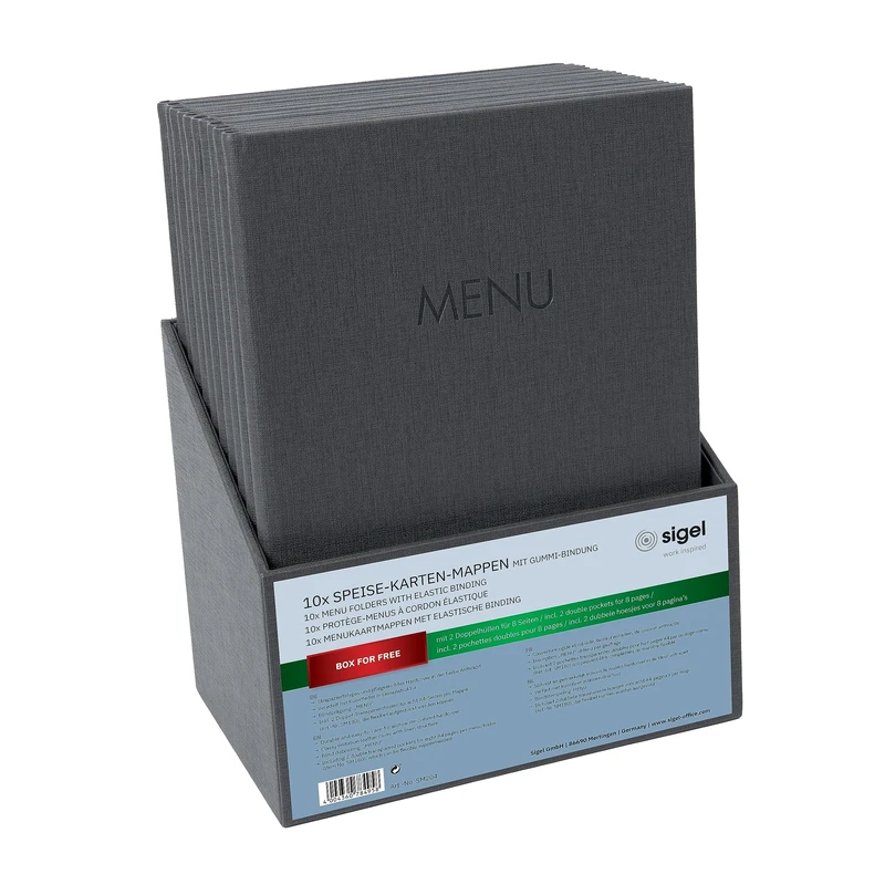 SIGEL SM204 Set of 10 Menu folders with elastic cord, with 2 transparent pocket for 8 DIN A4 sheets and storage box, embossing Menu, anthracite