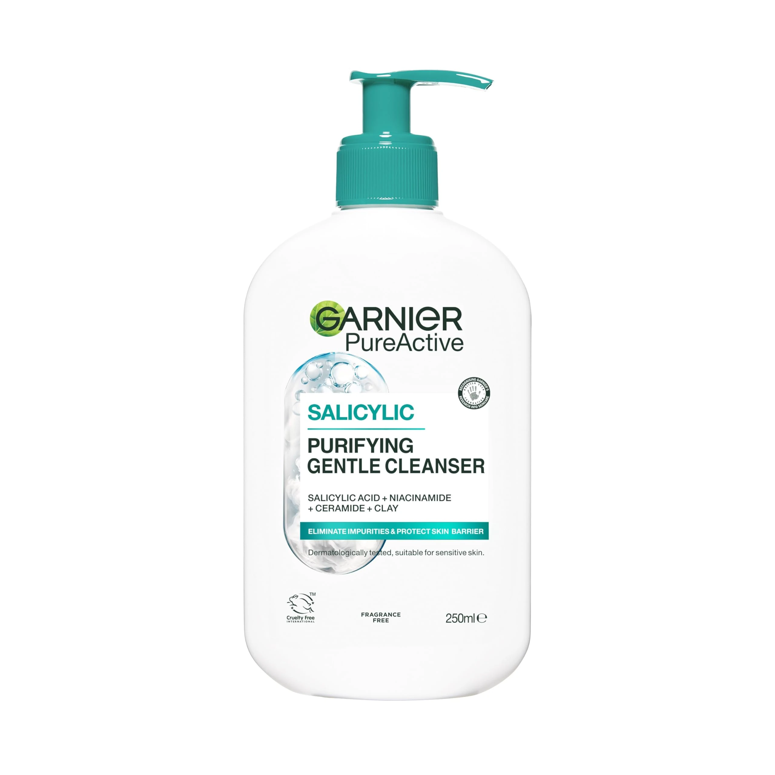 Garnier Pure Active Salicylic Purifying Gentle Face Cleanser, Enriched With Salicylic Acid, Niacinamide, Ceramides & Clay, Fragrance Free, Sulphate Free Formula, Suitable For Sensitive Skin, 250ml