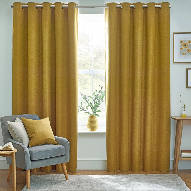 furn. Dawn Textured Blackout Eyelet Curtains – Thermal Lined Pair (Mustard - Width 117 x Drop 183cm)
