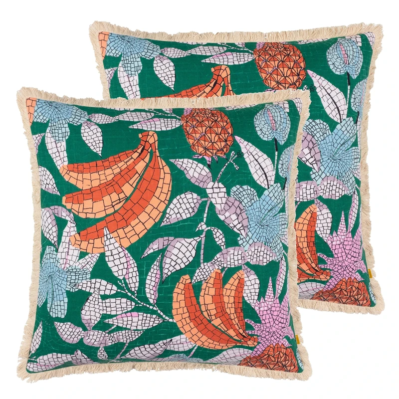 furn. Cypressa Floral Mosaic Feather Filled Cushion - Twin Pack, Teal, 50 x 50cm