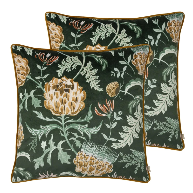 Evans Lichfield Chatsworth Artichoke Velvet Piped Feather Filled Cushion - Twin Pack