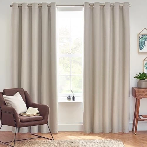 furn. Dawn Textured Blackout Eyelet Curtains – Thermal Lined Pair (Linen - Width 229 x Drop 183cm)