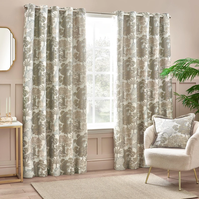 furn. Wylder Woodland Eyelet Curtain Pair – Room Darkening Lined Luxury Jacquard Nature Tree Curtains (Natural – Width 168 x Drop 137cm)