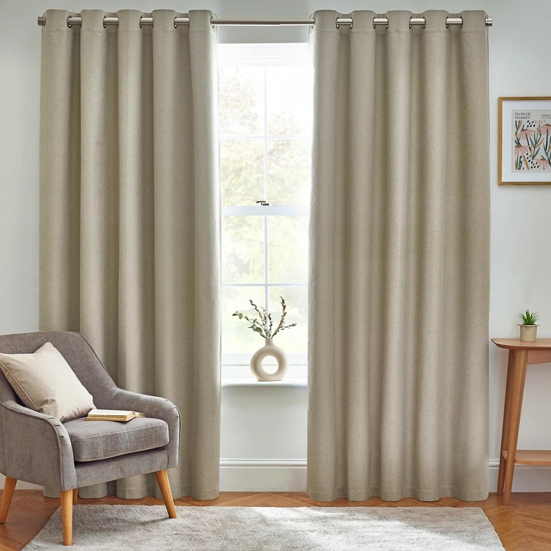furn. Dawn Textured Blackout Eyelet Curtains – Thermal Lined Pair (Natural - Width 117 x Drop 183cm)