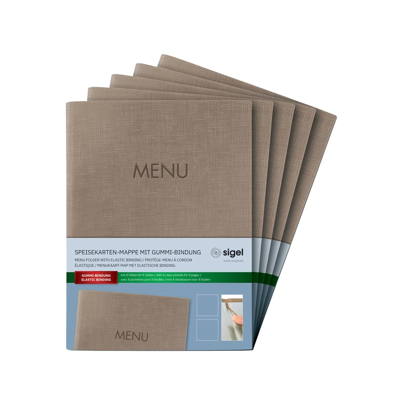SIGEL SM211 Set of 5 Menu folders with elastic cord, with 2 Transparent Pouch for 8 DIN A5 Sheets, embossing Menu, dark Beige